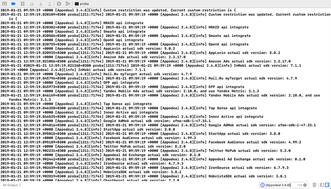 Xcode console with Appodeal tag